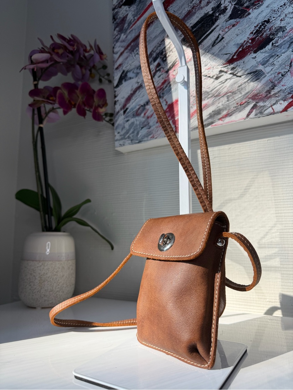Vintage Roots Genuine Leather Brown Mini Crossbody Phone Bag Turn Lock